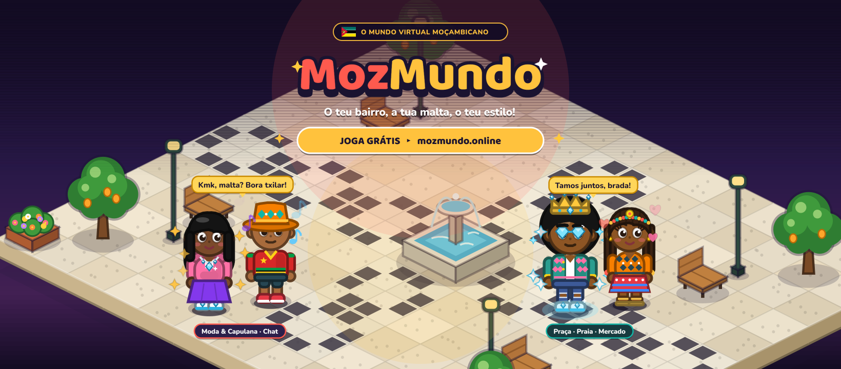 Capa do MozMundo com quatro avatares personalizados na Praça da Baixa, junto à fonte, com balões de conversa.